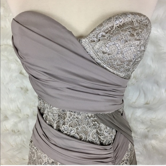 BEBE Strapless Silver Lace Bodycon Cocktail Dress - Picture 2 of 4